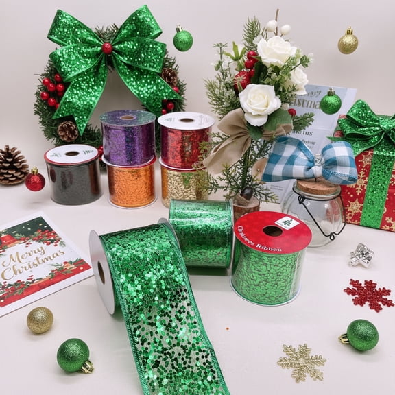 Trimio Green Sequin Wired Edge Ribbon, Sparkly Glitter Fabric Ribbon, 2.5 Inch x 10 Yard,Christmas Tree Bow Gift Wrapping