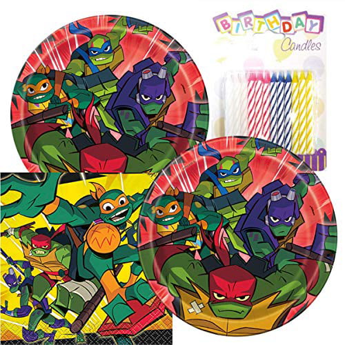 Rise of The Teenage Mutant Ninja Turtles Birthday Party Supplies Bundle of Cups Plates Napkins Balloon Table Cover Happy Birthday Card and Treat Bags Bundle RAPIDNGUARANTEED