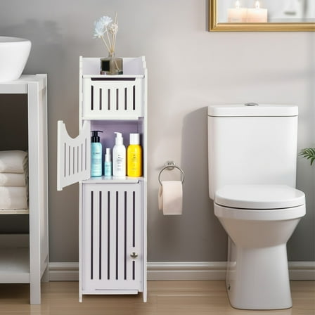 YOYTOO Bathroom Storage Cabinet with 2 Doors and 2 Shelves, Free Standing Toilet Paper Holders Stand Organizer for Small Spaces, White