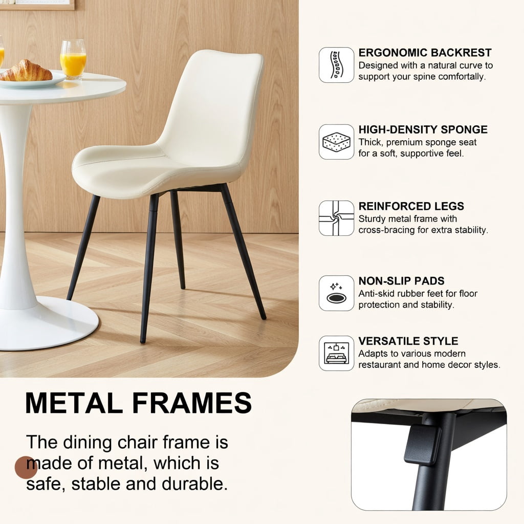 Hommoo 6-Pack Modern Faux Leather Dining Chairs with Metal Legs, Ergonomic Curved Cushion, Non-Slip Feet, Easy Assembly for Kitchen, Restaurant & Home Office, White