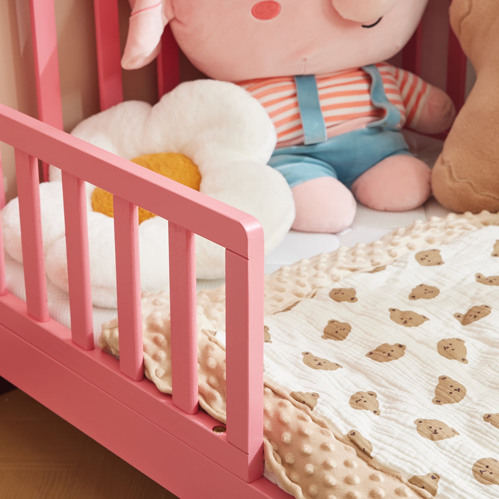 Zimtown Wood Bed, Wood Bedframe Bedroom Furniture w/Safety Rail Fence (Pink)