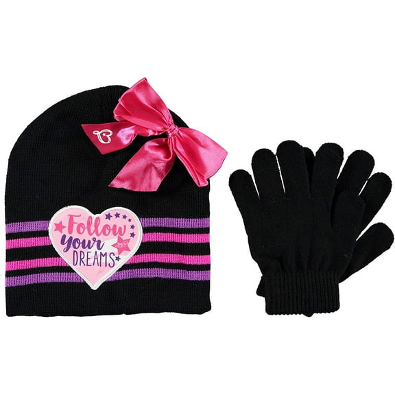 JoJo Siwa Nickelodeon Girls' Little Collection Beanie/Gloves Set, Black Follow Your Dreams, One-Size