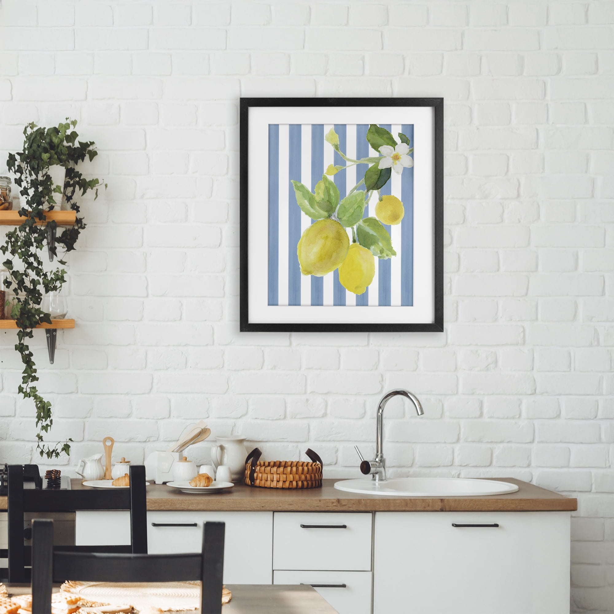 Stupell Industries Lemon Blossom on Blue Stripes Black Framed Print Under Glass, design by Lanie Loreth
