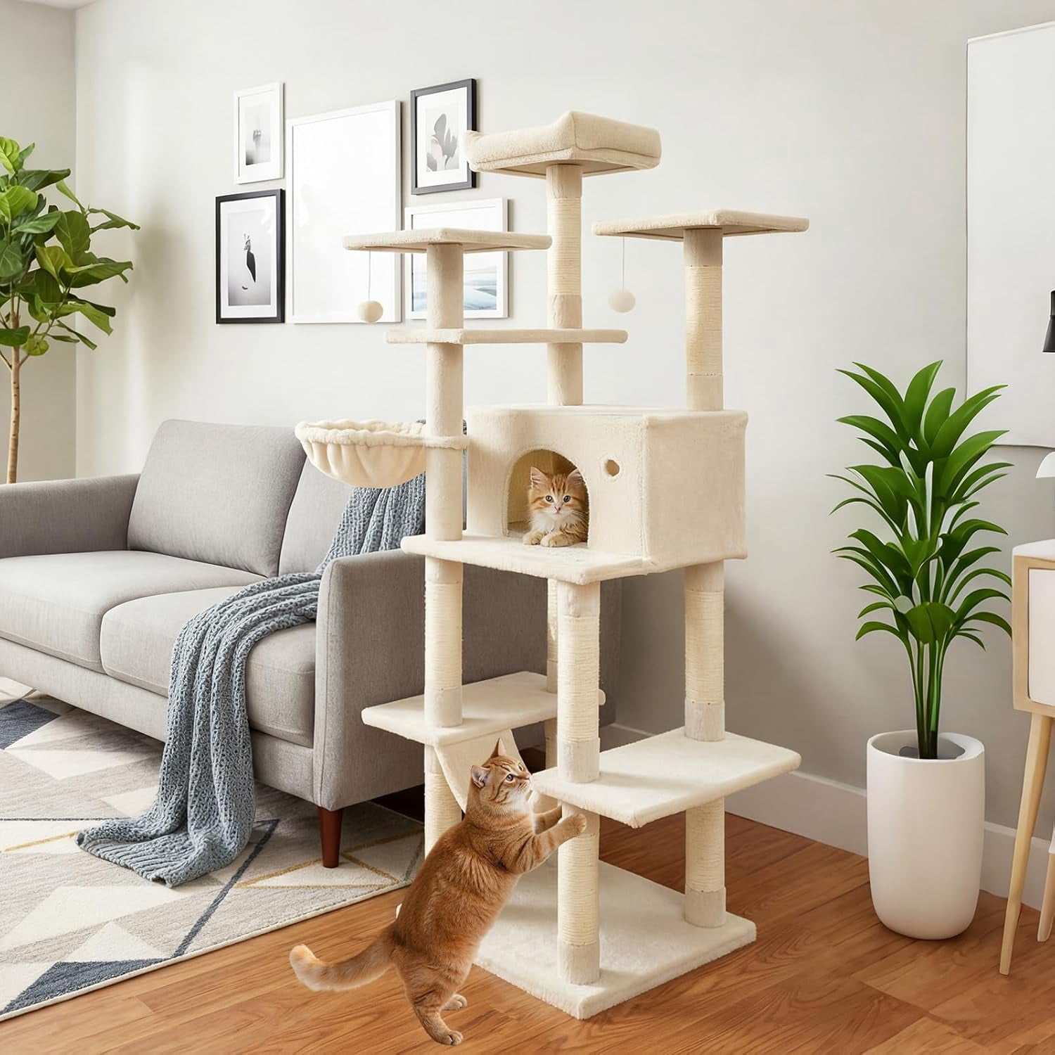 LEHOME Tall Cat Tree, 63 Inch Large Cat Tower with Sisal Scratching Posts, Plush Top Perch, Condo, Hammock, Basket Bed, Dangling Balls & Jumping Platforms for Indoor Cats Large Adult (Beige)