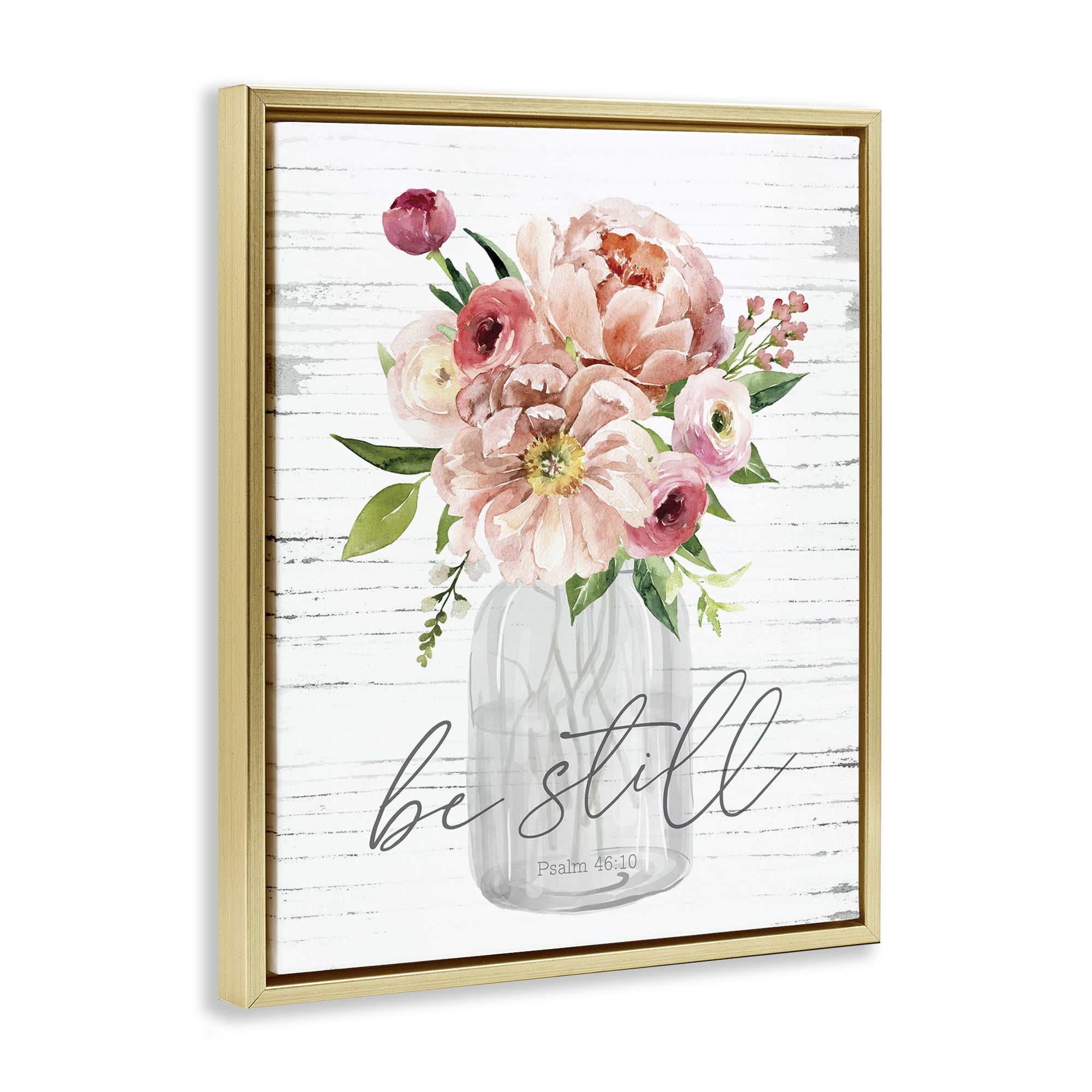 Stupell Industries Pink Be Still Bouquet Religious Painting Gold Floater Framed Canvas Art Print Wall Art, 25 x 31