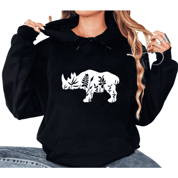 Women's Botanical Rhino Graphic Comfortable Hoodie Top Casual Breathable Hooded long-sleeved Black S-2XL