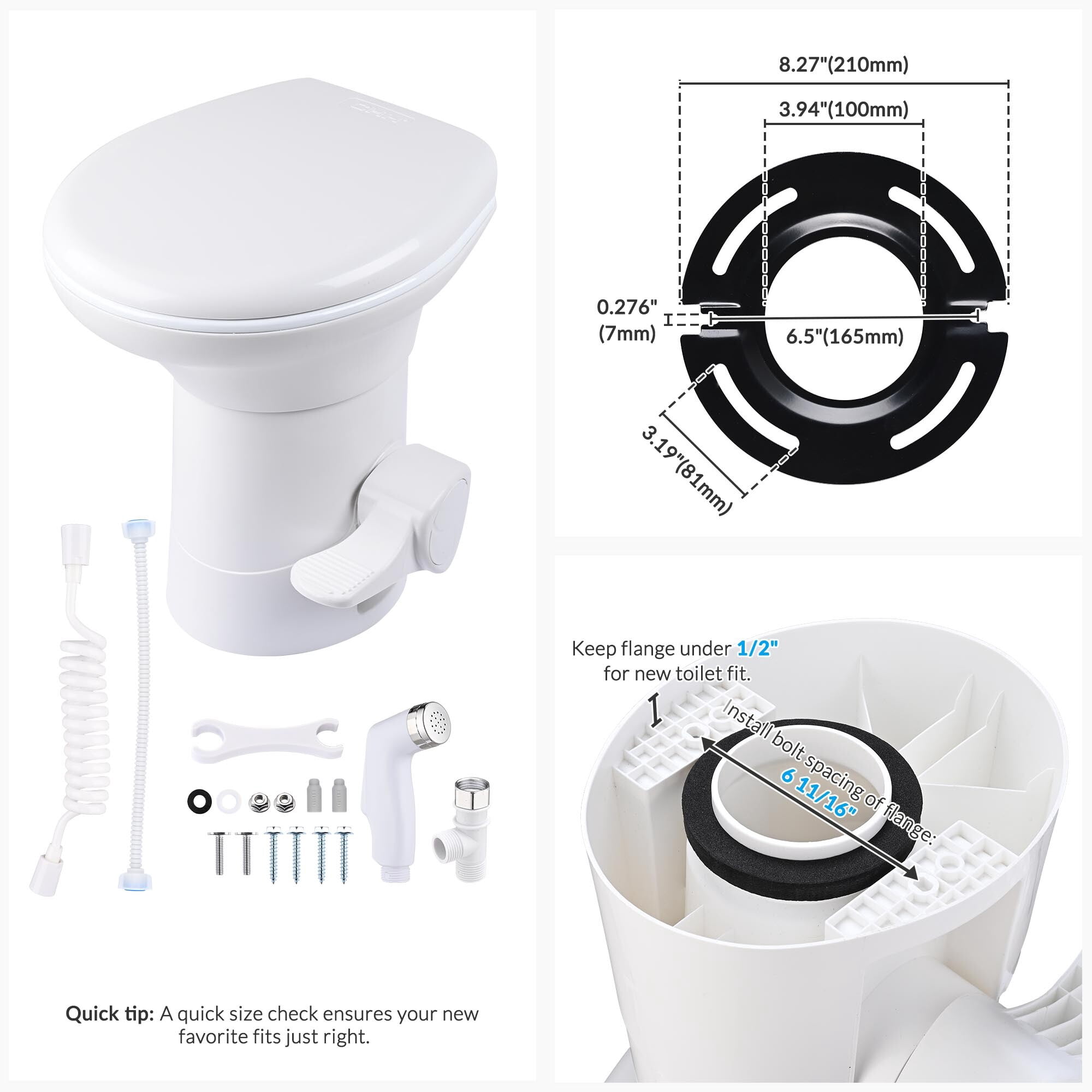Yescom RV Camper Toilet Gravity Flush Enamel Elongated 20" High w/ Bidet Spray Caravan