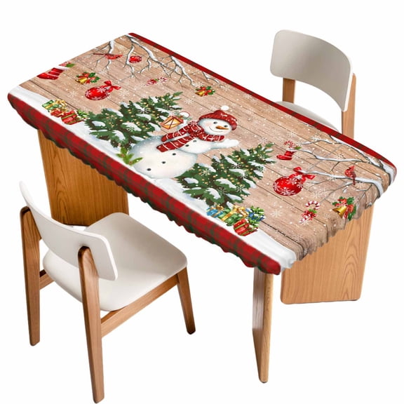Christmas Table Cloths for 4 Foot Rectangle Tables, Xmas Tree Snowman Birch Snowflakes Balls Plaid Patio Waterproof Elastic Fitted Tablecloths, Washable Rectangular Table Cover for Camping