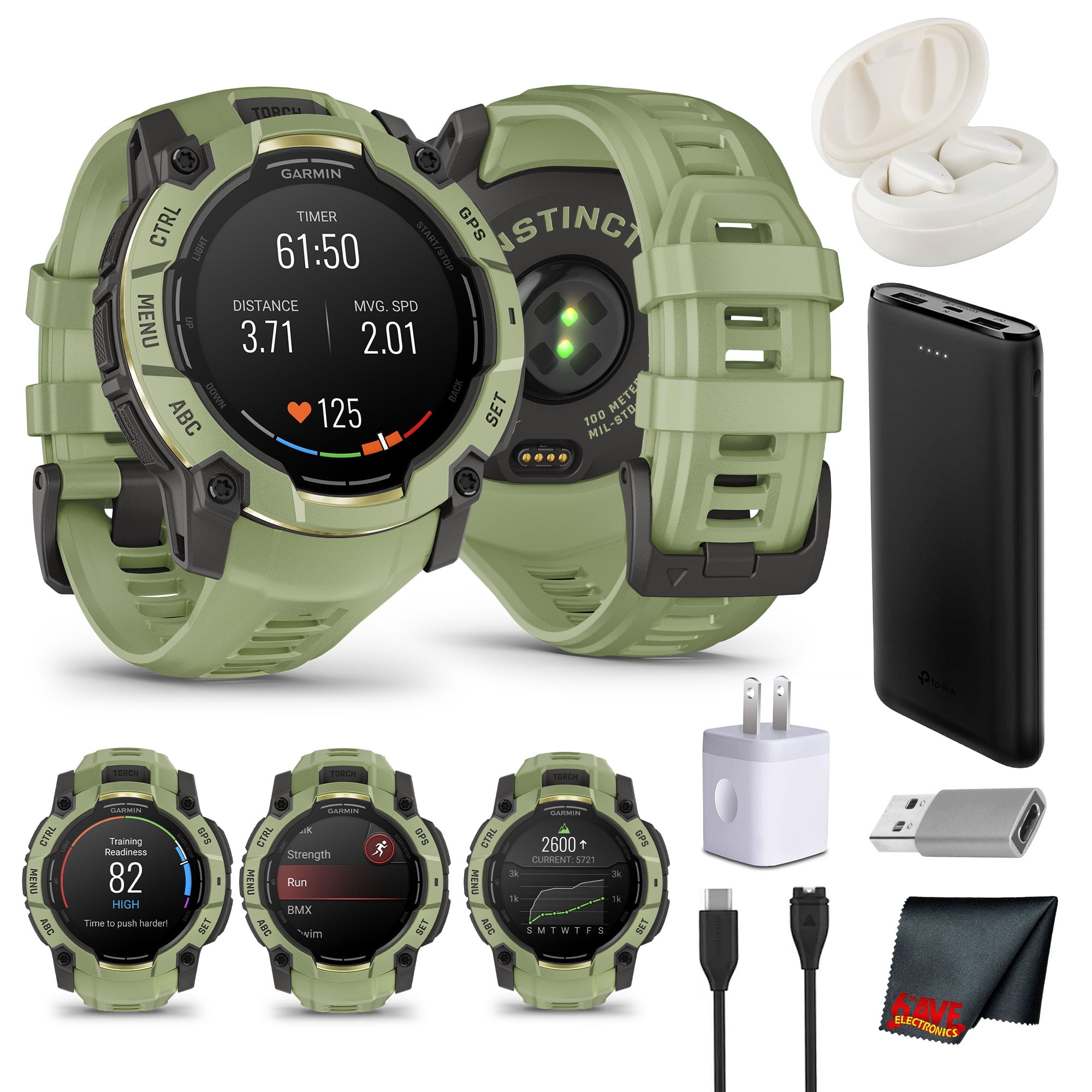 Garmin Instinct 3 - 50 mm, 24 Day Battery, Rugged Outdoor GPS Smartwatch, AMOLED Display, Alpine Rush Collection Limited Edition Color, Fern Green Bundle With Cleaning Cloth Wireless EarBuds + More