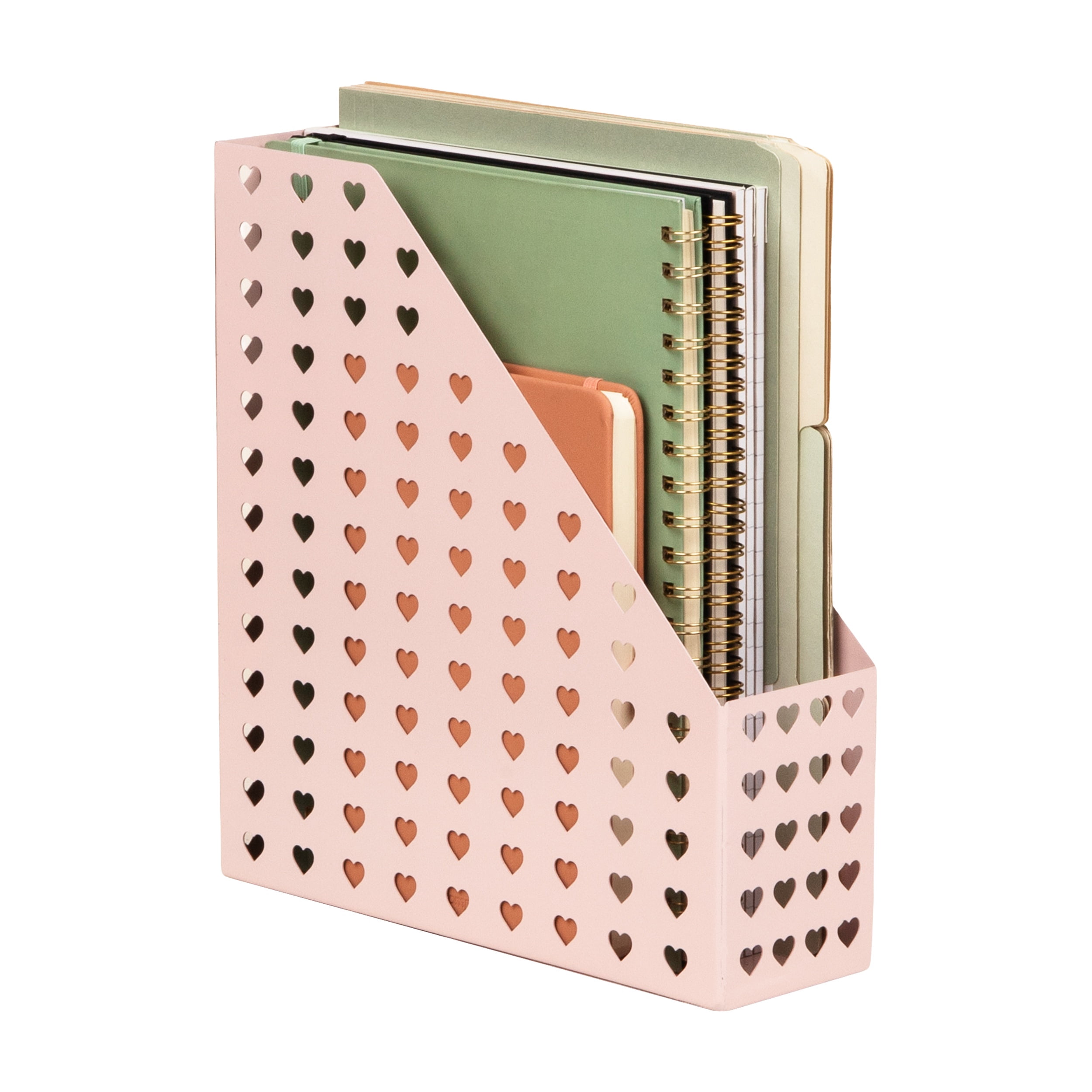 Mind Reader Metal Magazine Organizer with Heart Cutout, Vertical File Holder, Pink