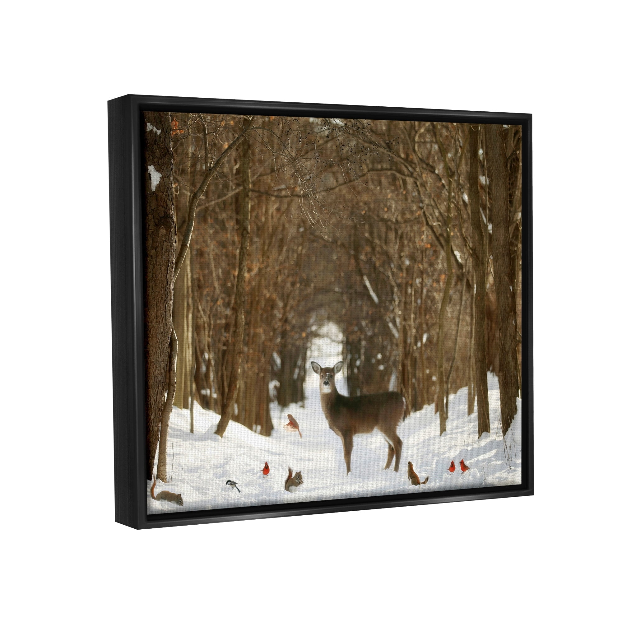 Stupell Industries Wild Forest Animals Gathered Amidst Snowy Trees Photograph Jet Black Floating Framed Canvas Print Wall Art, Design by Carrie Ann Grippo-Pike