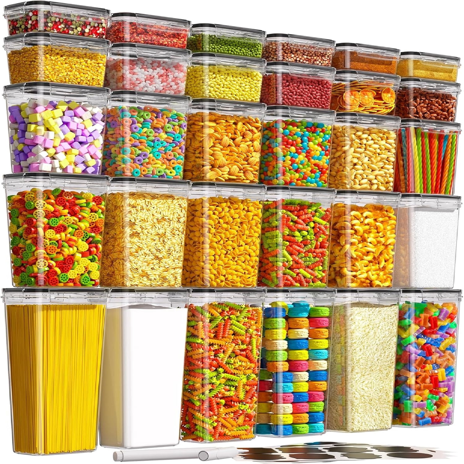 30 PCS Airtight Food Storage Containers with Lids, Kitchen Pantry Organization and Storage, BPA-Free Plastic Scale Food Canisters for Cereal, Flour, Sugar, Dry Food, Include Labels & Marker