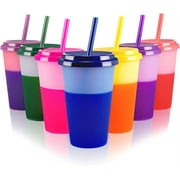 NOGIS Color Changing Cups Tumblers with Lids & Straws for Kids - 7 Reusable Plastic Bulk Tumblers 12oz Cold Cup Tumbler Set for Kids-Tumblers/Iced Cold Drinking Party Cup-Random Color