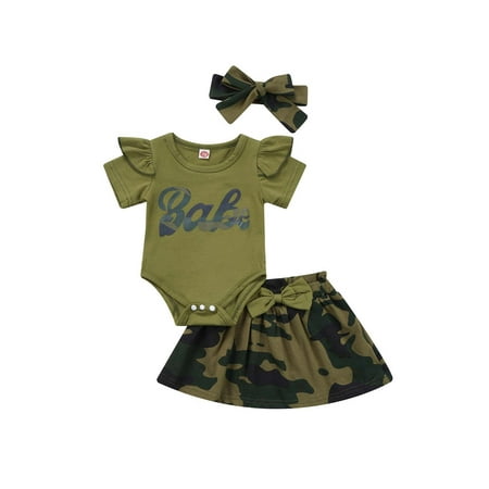 

Calsunbaby Baby Girl Babe Ruffle Short Sleeve Romper Bodysuit Tops High Waist Camo Printing Tutu Skirt with Headband Green 0-3 Months