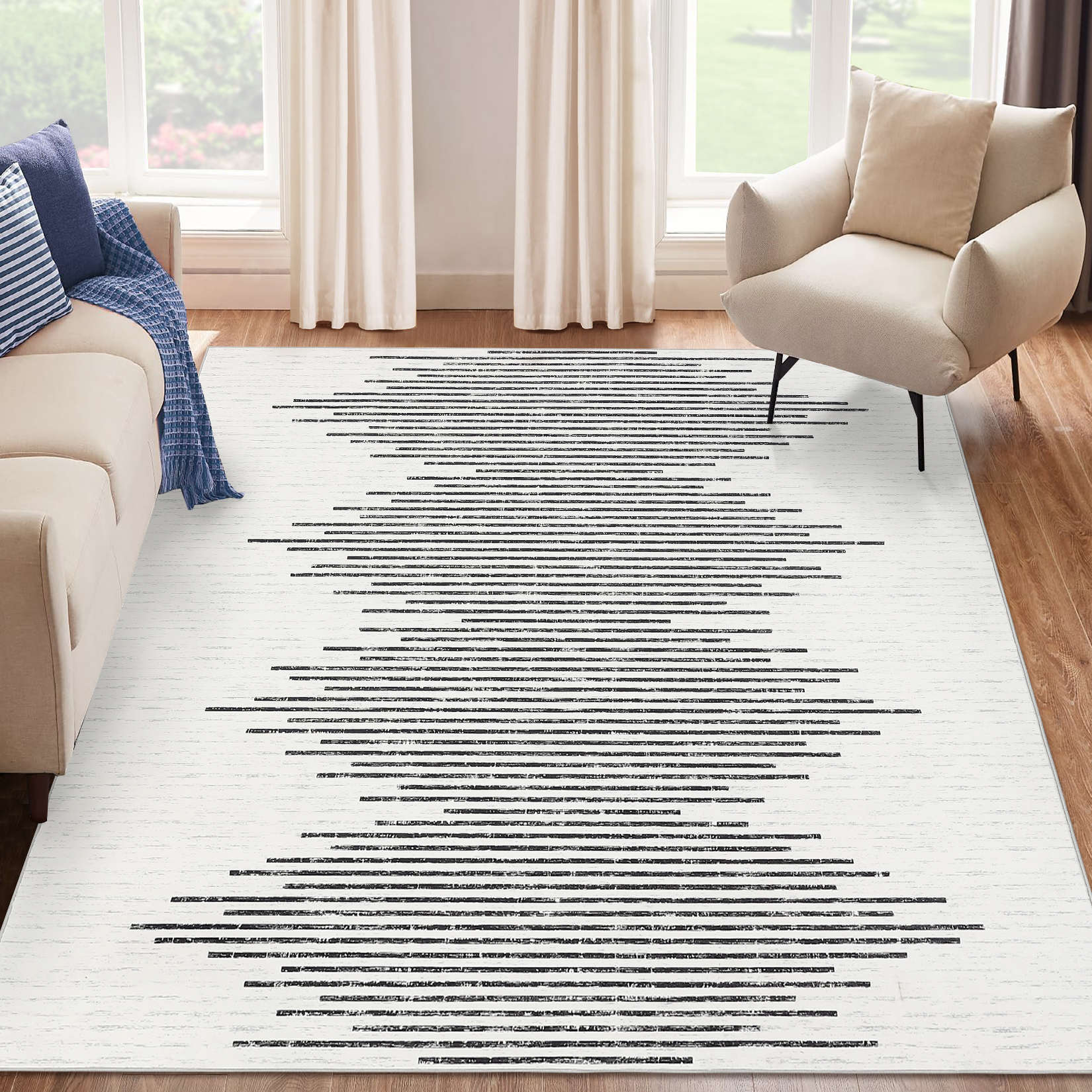 Hasoo Large Area Rug for Dining Room Washable Indoor Geometric Striped Carpet Soft Non Slip Dorm Rug, Middle Stripe Beige 10' x 13'