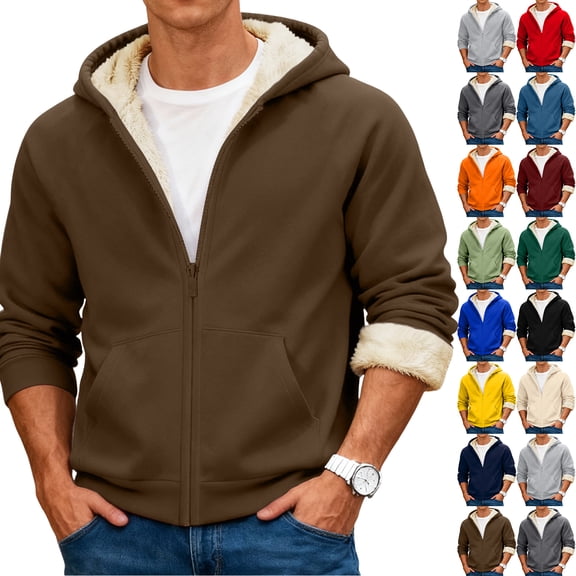 yuCgh Men's Winter Fleece Lined Hooded Jacket, Thickened Zip Up Coat with Multiple Pockets, Casual Outdoor Jacket for Cold Weather & Daily Wear,Beige,L