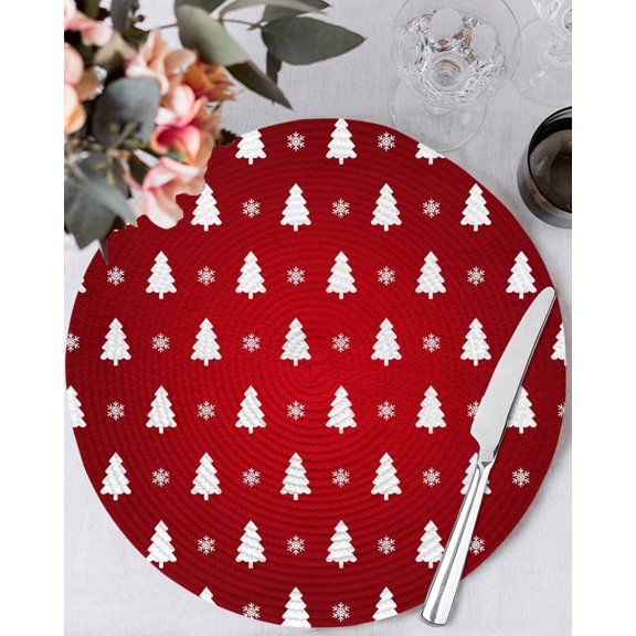 13 Inch Round Placemats Set of 6, Christmas Tree Non Slip Heat Insulation PP Table Mats, Red Winter Xmas Snowflake Farmhouse Washable Place Mats for Kitchen Dining Party Table Decor