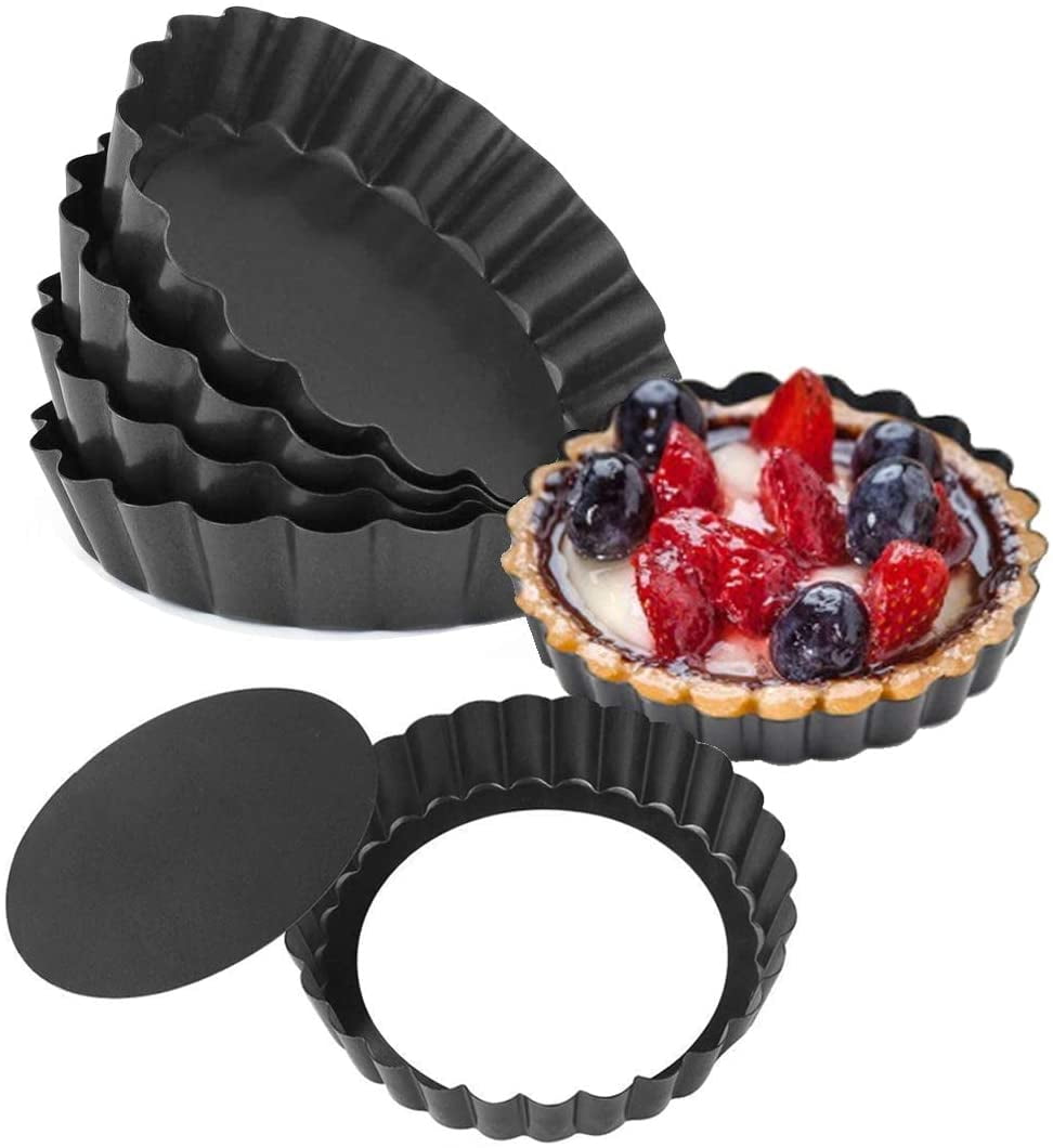 Onfashion Non-Stick Different Sizes Tart Quiche Pan with Removable Bottom Fluted Sides Round Shape Cakes Desserts Tins Carbon Steel 6 Inch Set of 3 