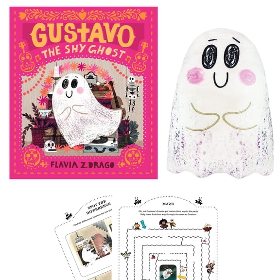 Gustavo, The Shy Ghost Hardcover by Flavia Z Drago, Plushie Hand Puppet and Activity Pages (A Gift Set of Being Brave, Friendship, Day of The Dead, Da de Muertos, Mexican Culture, and Halloween)