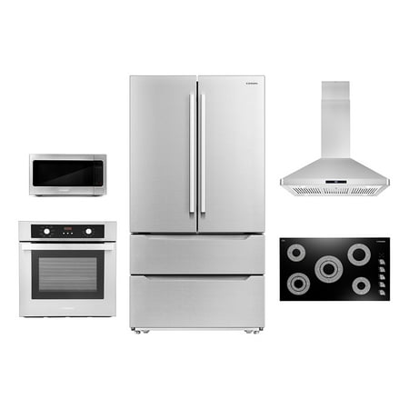 Cosmo 5 Piece Kitchen Appliance Package With 30  Electric Cooktop 24  Single Electric Wall Oven 30  Over-the-range Microwave &amp; French Door Refrigerator