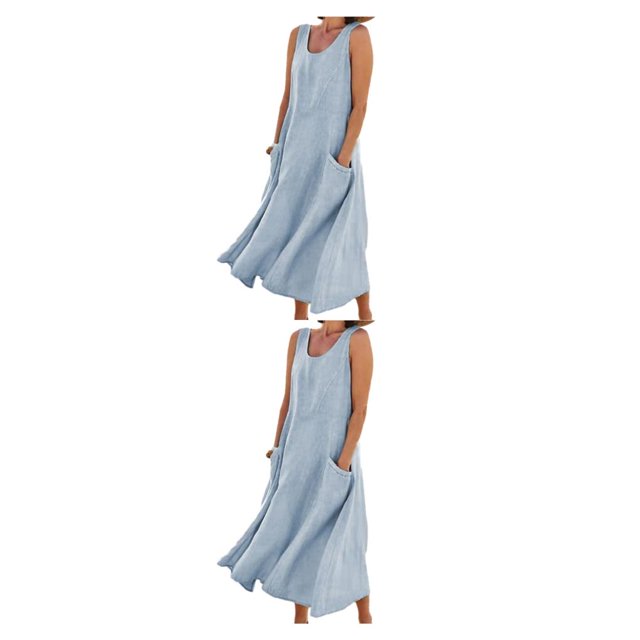 pitrice Femmes Été Coton Lin Robe Sans Manches Col Rond Boho Vintage Style Plage Couleur Unie en Vrac Kaftan Porter Tous les Jours Bleu Ciel / S 2Set