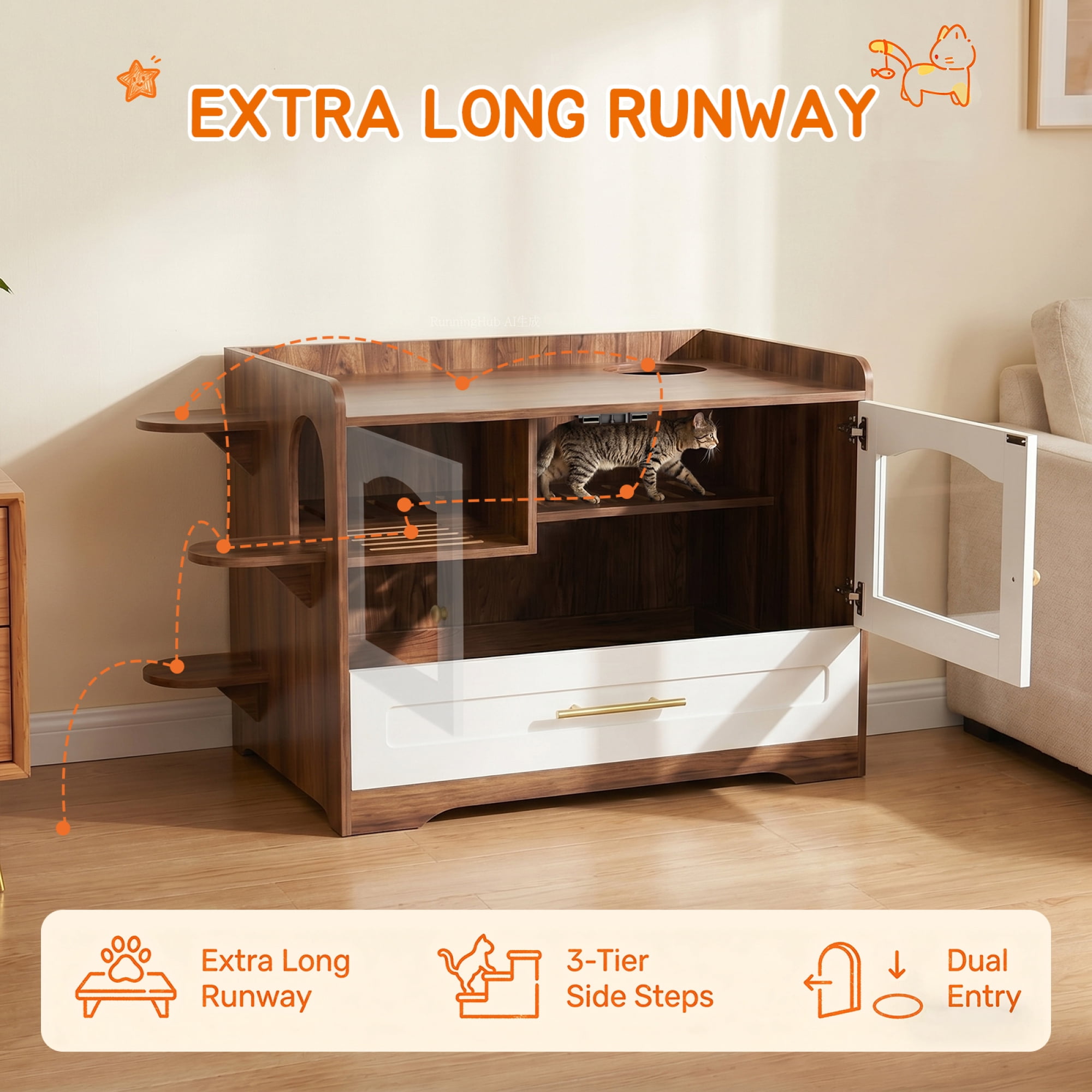 HOQBN Cat Litter Box Enclosure Furniture, Dog Proof Hidden Litter Box Cabinet with Acrylic Door, Extra Long Runway & Storage Drawer, Indoor Cat Play Area Brown+White