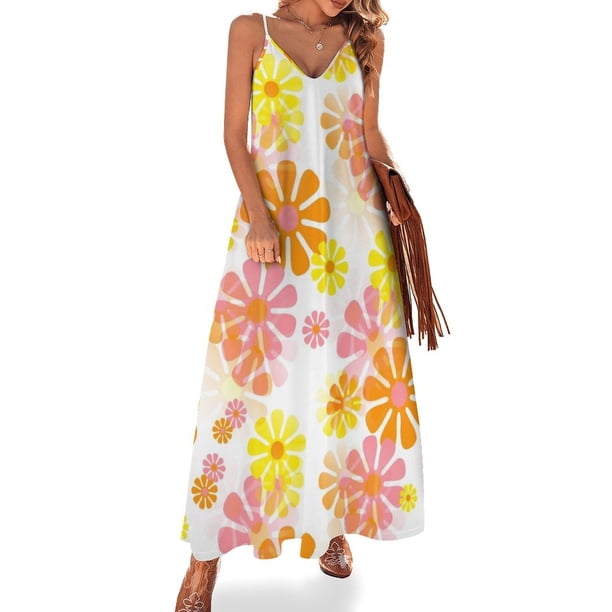 Vestido sin mangas con flores retro y elegantes de los años 60 en color rosa, naranja y amarillo Vestidos de novia para mujer 2024