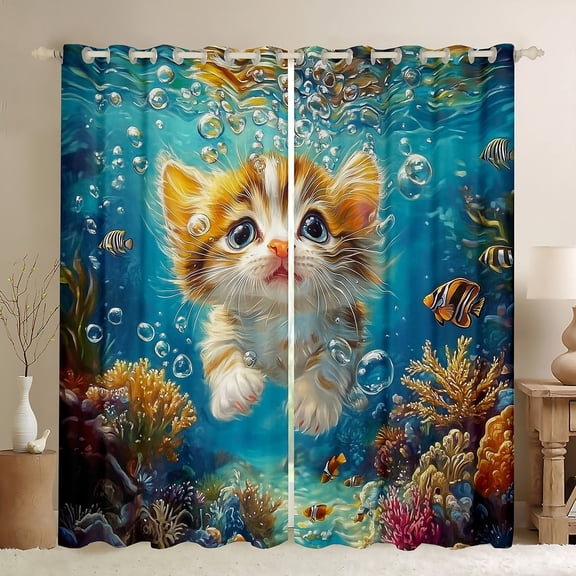 Erosebridal Kawaii Cat Curtains and Drapes (38x45), Underwater World 30%-50% Blackout Curtains for Bedroom, Colorful Coral Decor