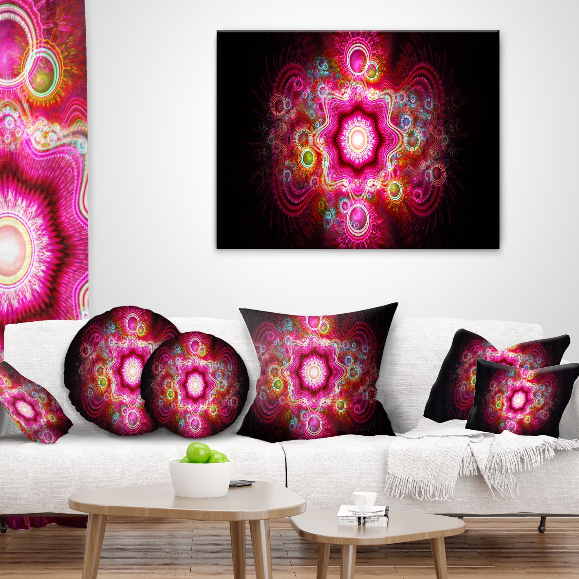 Designart Bright Pink Fractal Flower - Abstract Throw Pillow - 12x20