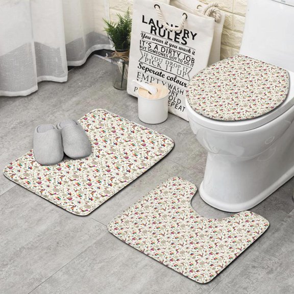 White Christmas Star and Gift Pattern Bathroom Rugs Sets 3 Piece,Toilet Cover Set,Absorbent Non Slip Bathroom Mats Sets with U-Shaped Contour Rug Toilet Rug Set