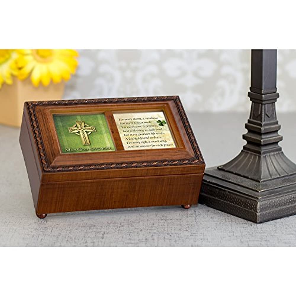 Cottage Garden May God Give Rainbow for Every Storm Woodgrain Rope Trim Jewelry Music Box Plays Amazing Grace