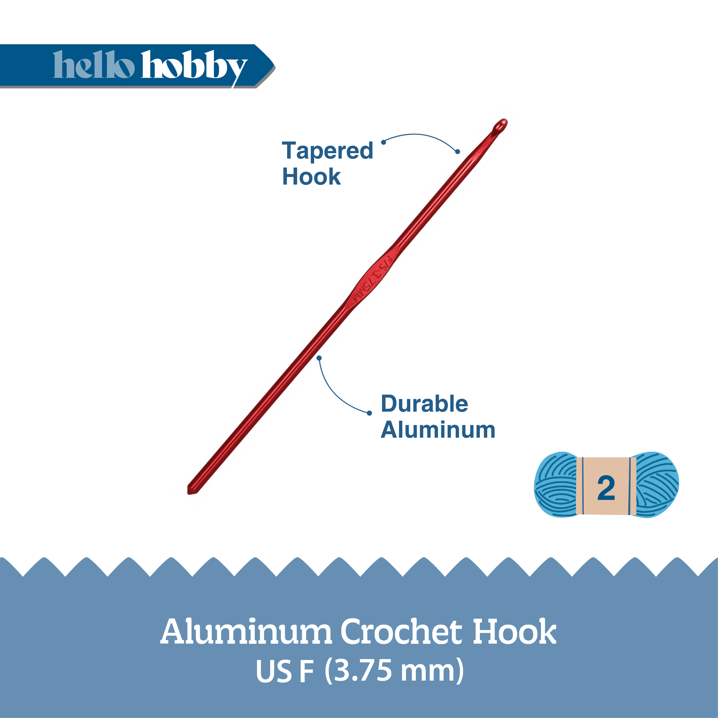 Hello Hobby Aluminum Crochet Hook, Size F, 3.75 mm