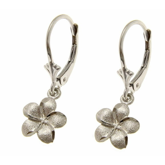 14K solid white gold Hawaiian 9mm plumeria flower dangling leverback earrings