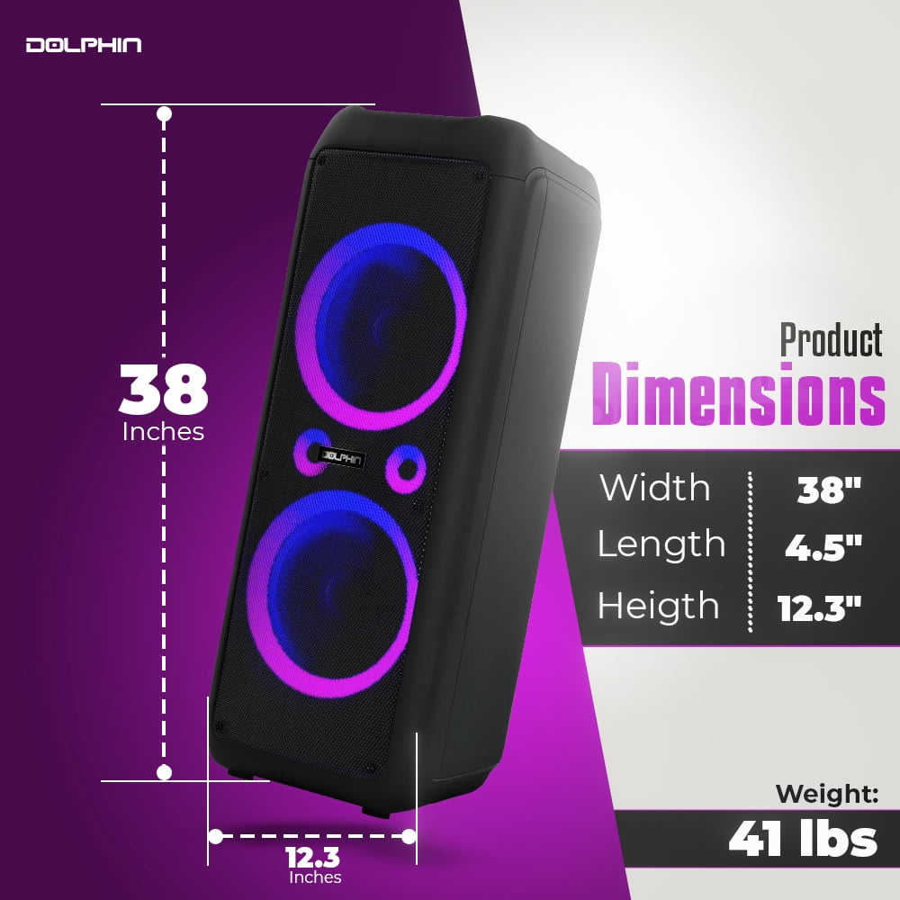 Dolphin SP-1270RBT Dual 12-Inch Premium Party Bluetooth Speaker, Bluetooth/USB/SD/FM/AUX, X-Bass, 5-Band EQ, LED Display, Quad Ring Lights