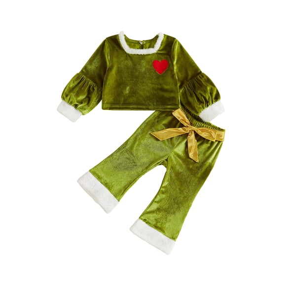 RUINIXCW Toddler Baby Girl Christmas Outfit Infant Baby Girls Fall Winter Clothes Furry Trim Heart Printed Velvet Shirt Tops and Belt Flare Pants Set