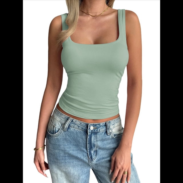 Camiseta Sin Mangas con Cuello Cuadrado para Mujer, de Doble Capa, Básica, para Entrenamiento de Verano, Informal Judías S
