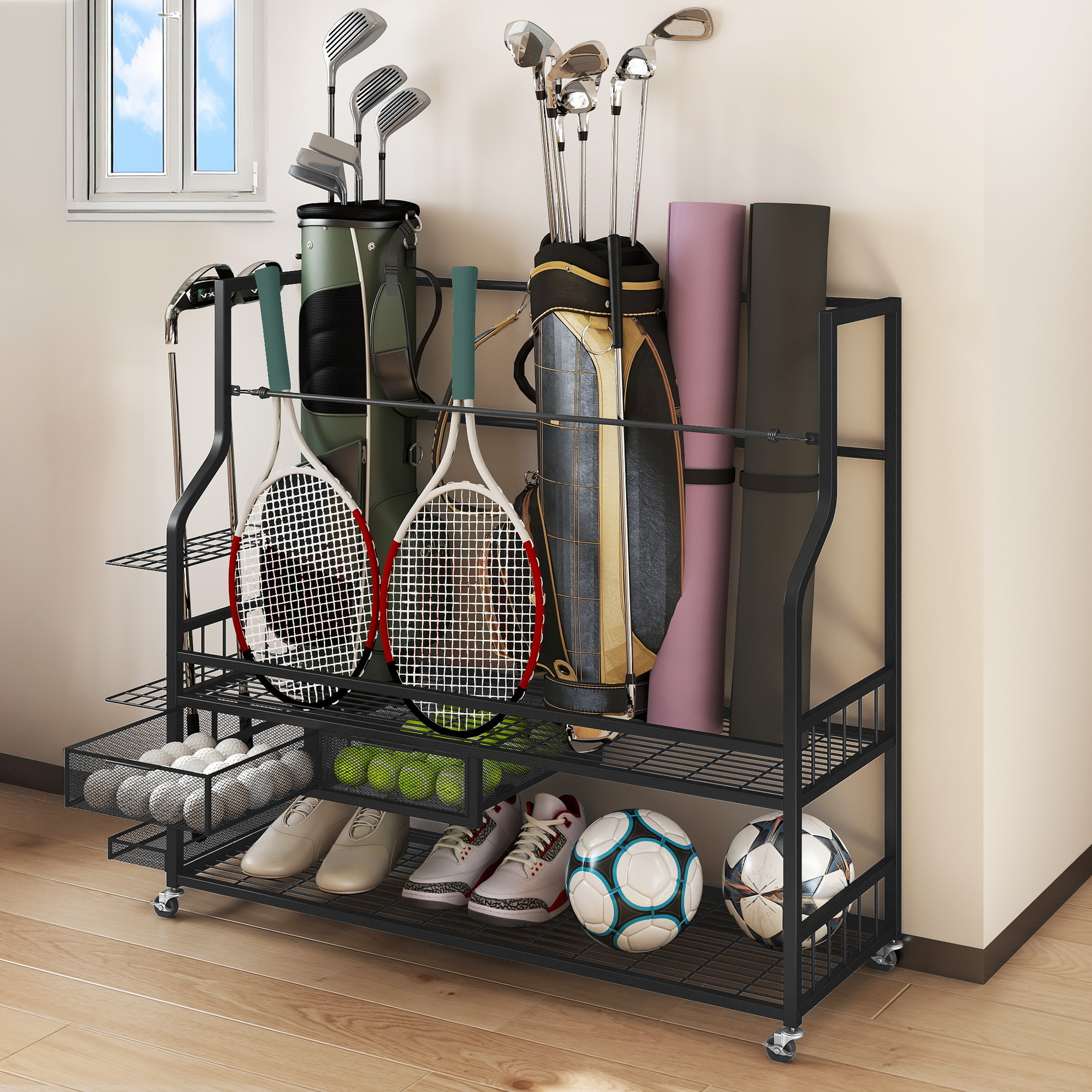 Uforic 4-Bag Golf Storage Rack with Wheels and Lockable Drawers