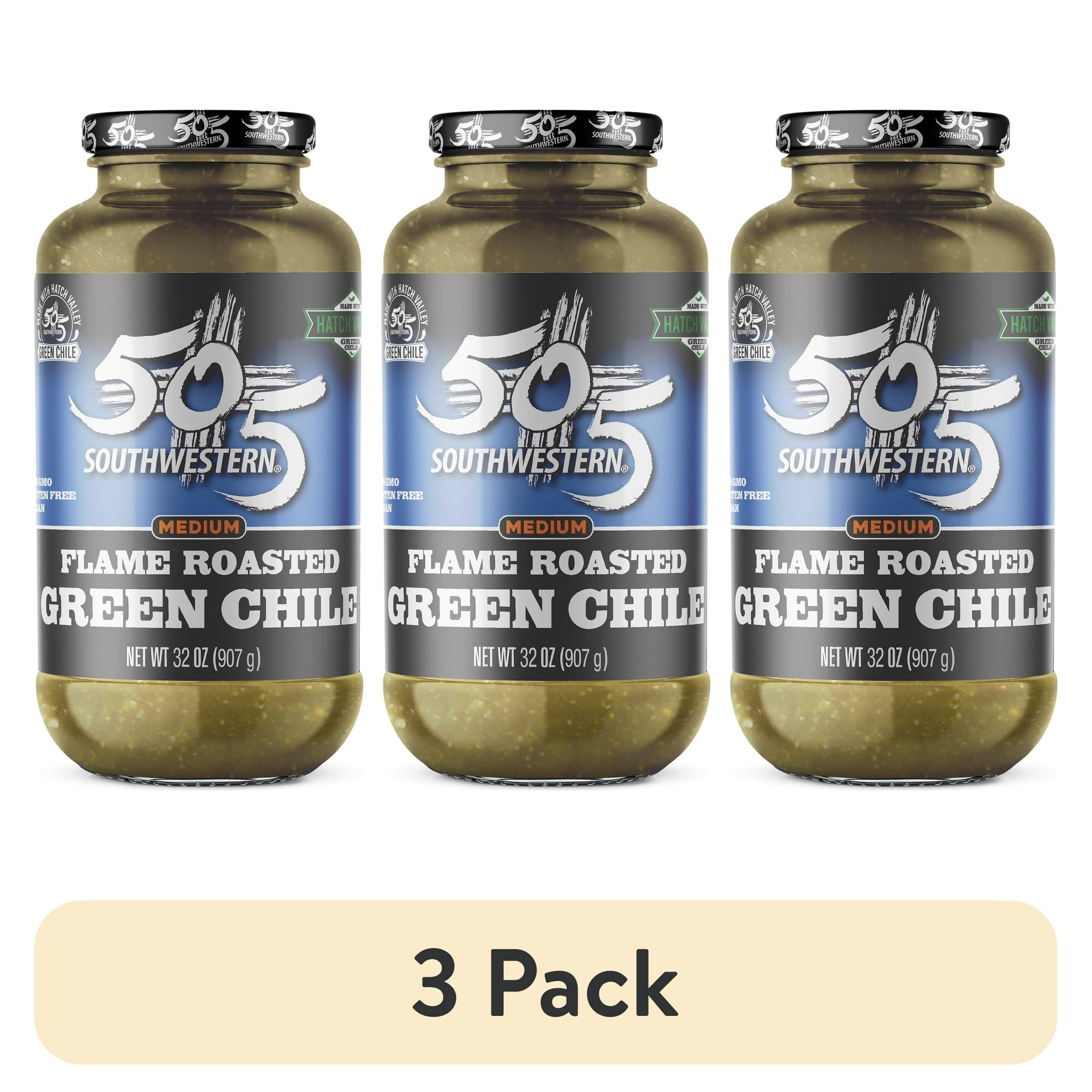 (3 pack) 505 Southwestern Flame Roasted Hatch Valley Green Chile, Medium, 32 oz Jar – Hatch Green Chiles for Cooking