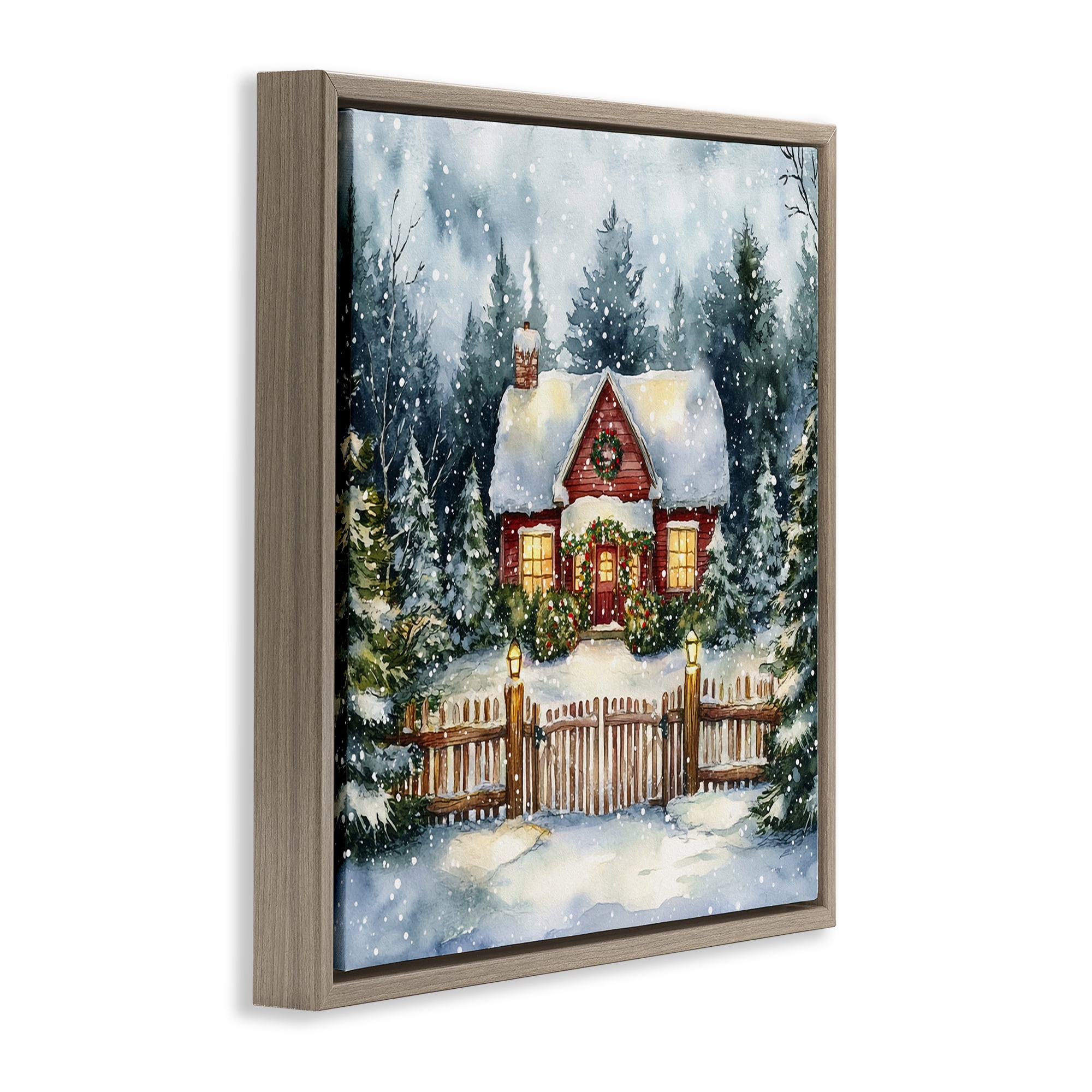 Stupell Industries Scenic Winter Cottage Holiday Painting Brown Floater Framed Canvas Art Prints Wall Art, 18 x 18