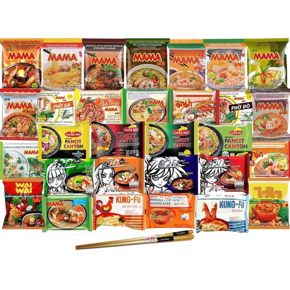 Ramen Noodles Bulk Mystery Box Variety Pack Of 30 With 5 Or More Flavors And Premium Reusable Chopsticks