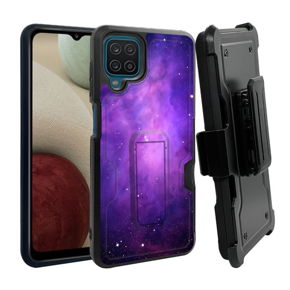 ANJ  Rugged Dual Layer Shockproof Holster Case w/Card Slot, Kickstand   Tempered Glass for Samsung Galaxy A12 - Galaxy Stars (Purple)