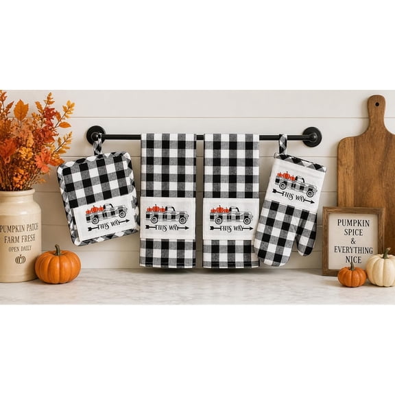 Serafina Home Autumn Fall Kitchen Towels and Pot Holder Set: Farmhouse Black and White Checkered Pumpkin Truck This Way Applique on Cotton Flat Weave