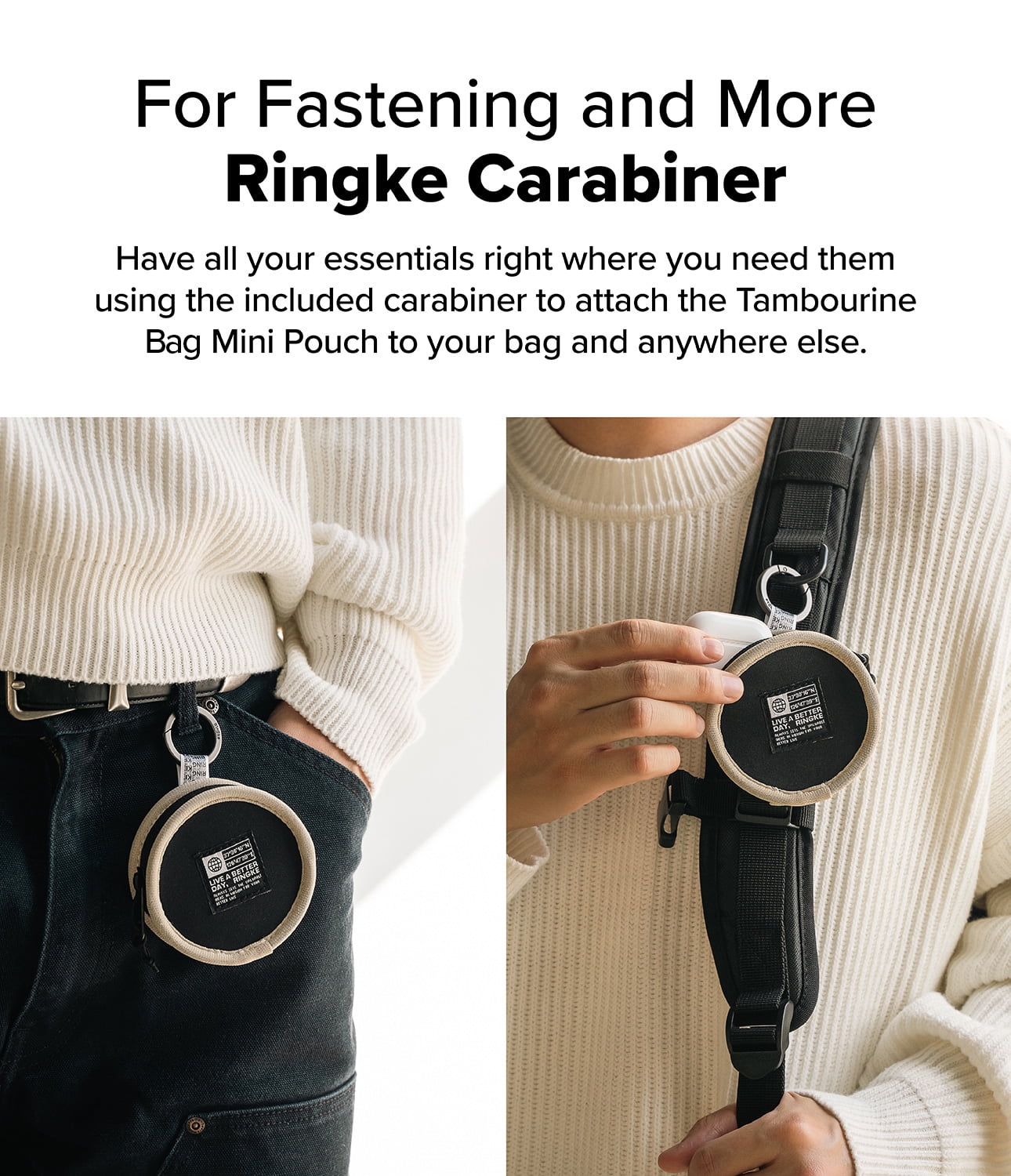Ringke Tambourine Bag for Universal Earphone AirPods Pro Galaxy Buds Cards, Durable Small Round Carrying Mini Pouch with Key Ring Accessories - Beige