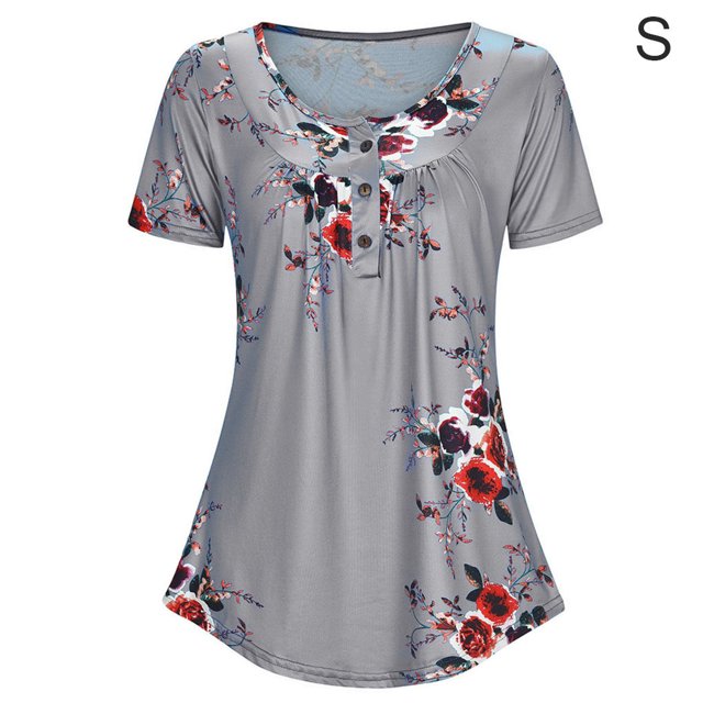 Baohd Blouse à Manches Courtes Col Rond Boutons Imprimés pour Femmes Gris S