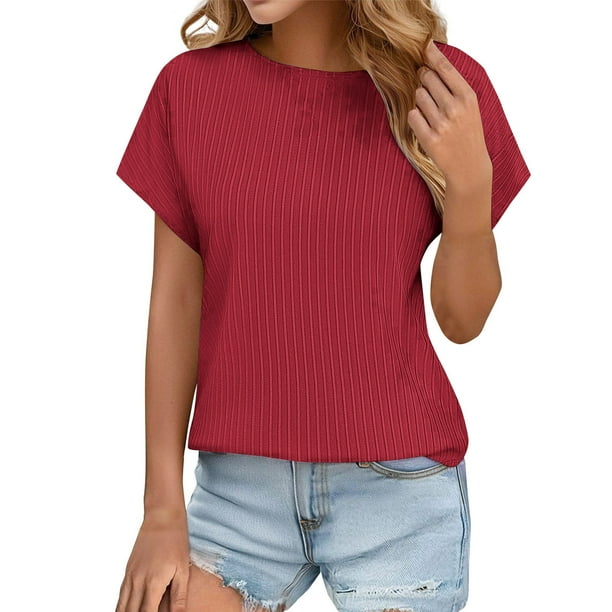 Tops de Verano de Mujer Suelto Ajuste Primavera Y Verano Suéter Casual Color Sólido Manga Corta Cuello Redondo, Camiseta Suelta de Poliéster