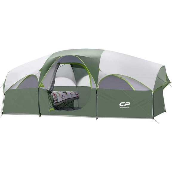 Tent 8 Person Camping Tents, Weather Resistant Family Tent, 5 Large Mesh Windows, Double Layer, Divided Curtain for Separated Room, Portable with Carry Bag Light Green