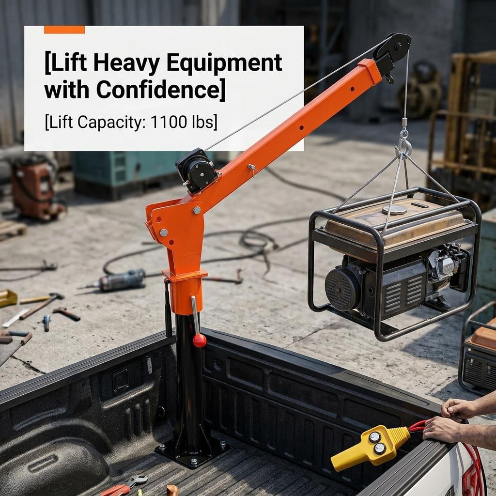 Tanfengu Pickup Truck Crane, 1100 LBS Capacity 12V DC Electric Hoist Crane with 3500 LBS Winch, 360° Swivel Adjustable Arm for Farm Garage Workshop