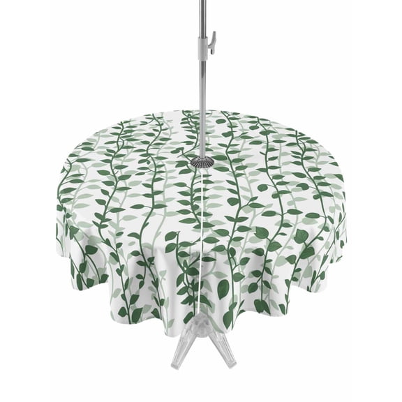 Outdoor Tablecloths with Umbrella Hole & Zipper, Green Ivy Leaves Round Tablecloth 54 Inch, Spring Plants Botanical Modern Country Waterproof Table Cloth, Patio/Pool/Picnic Table Covers