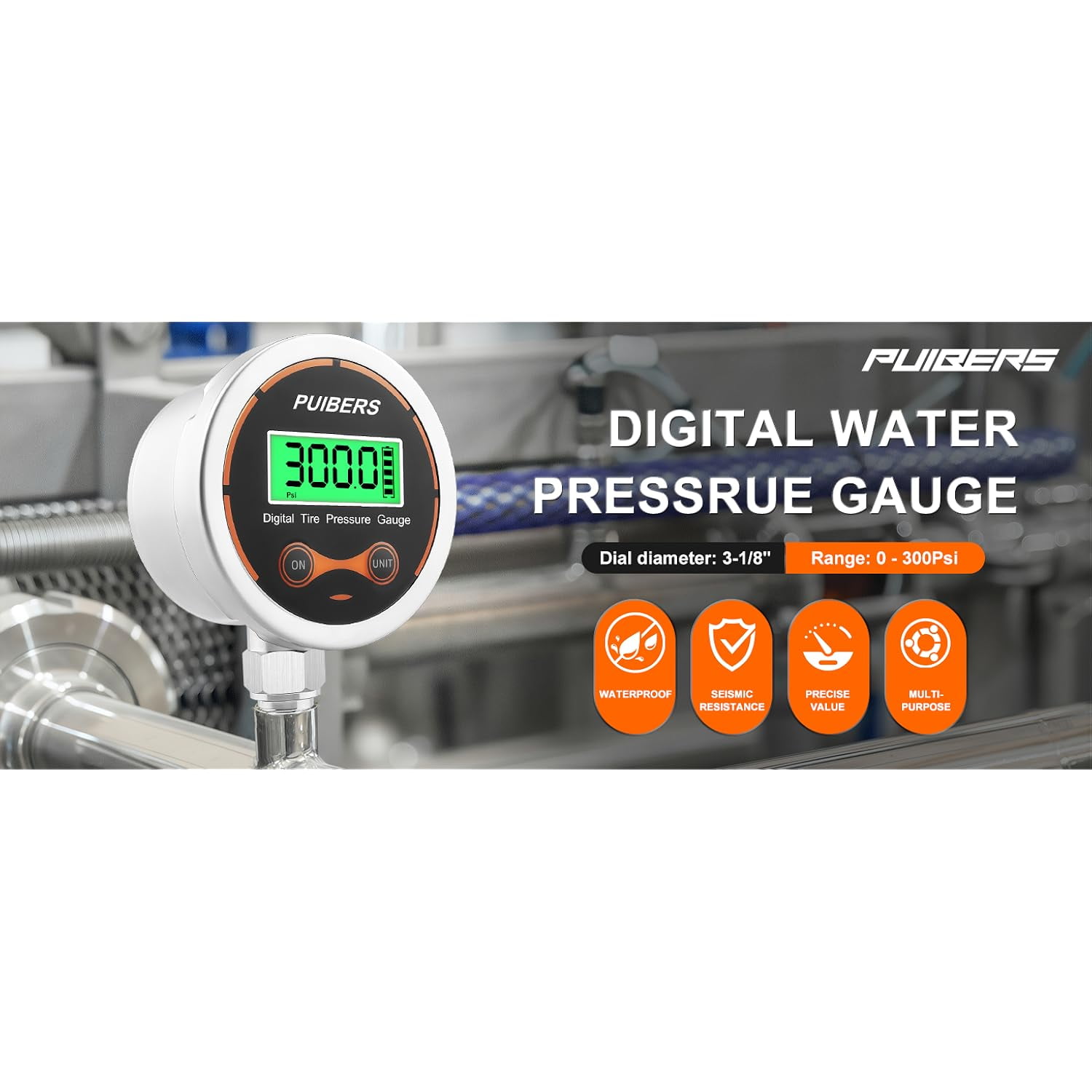 300 Psi Digital Water Pressure Gauge 1/4 NPT Lower Mount，Media Water, Air or Oil Pressure Gauge 304 Stainless ±0.25% Accuracy,Suitable for Home Water Pipe, HVAC,Air Pressure Measuring
