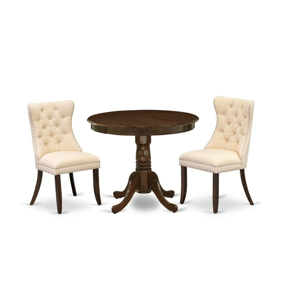 East West Furniture ANDA3-AWA-32 3 Piece Modern Dining Table Set Consists of a Round Kitchen Table with Pedestal and 2 Padded Chairs, 36x36 Inch, Antique Walnut